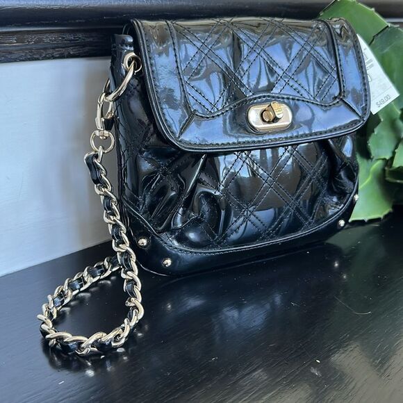 NWT Ann Taylor LOFT Black Quilted Patent Faux Leather Chain Shoulder Bag – NWT - Picture 2 of 9